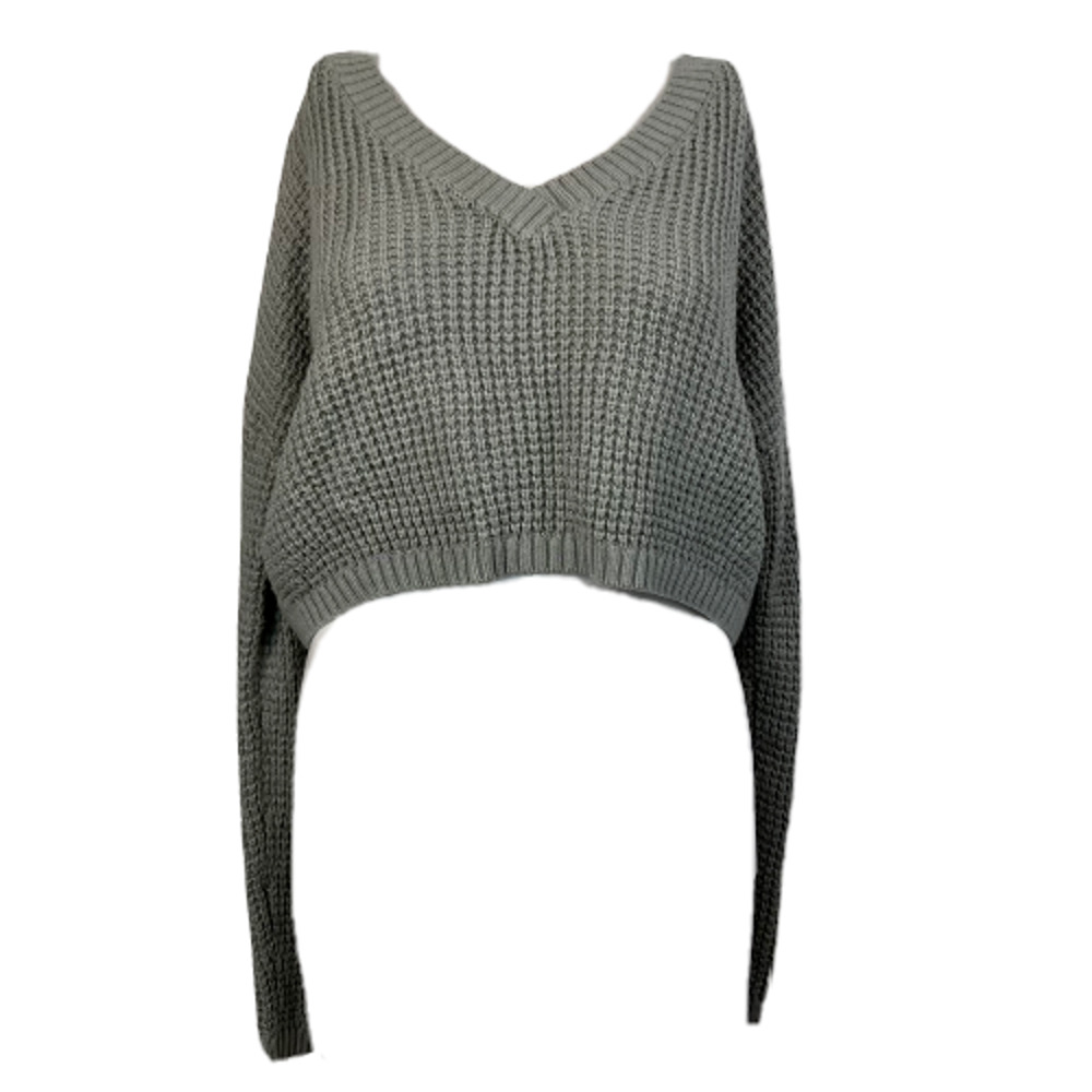 Aeropostale Sweater‎ Womens Sz M Gray Chunky-Knit V-Neck Cropped Pullover
